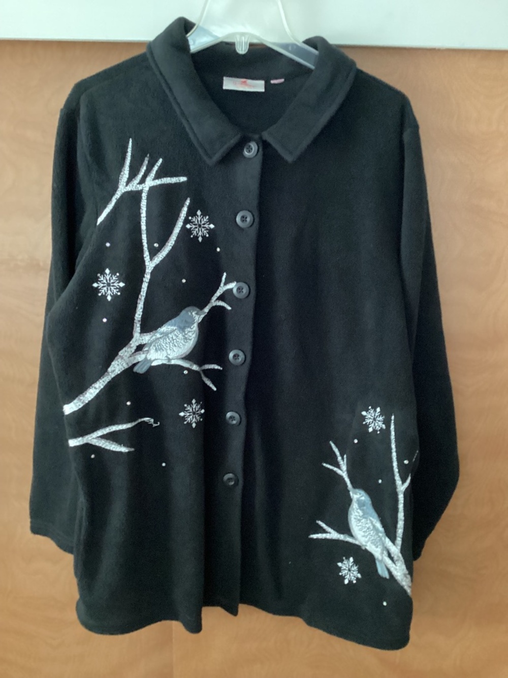Black Embroidered Bird Fleece Jacket- Women